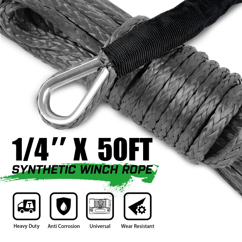 STEGODON 1/4 x 50ft Synthetic Winch Rope 10,000lbs Winch Line Cable with Black Protecting Sleeve for ATV UTV Boat Ramsey Synthetic Winch Rope(Gray) - Image 2